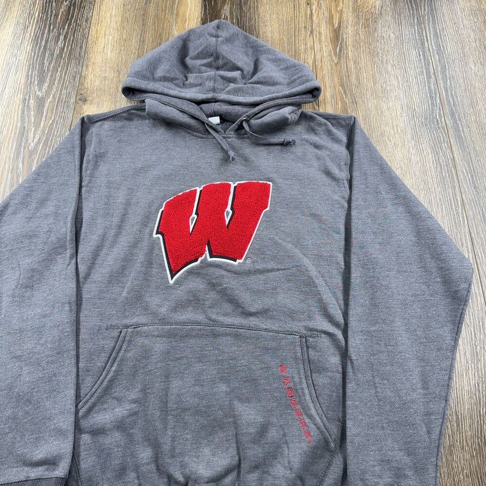 Vintage Wisconsin Badgers Hoodie Mens L Gray Sweatshirt Team Logo Y2K Sweater K8